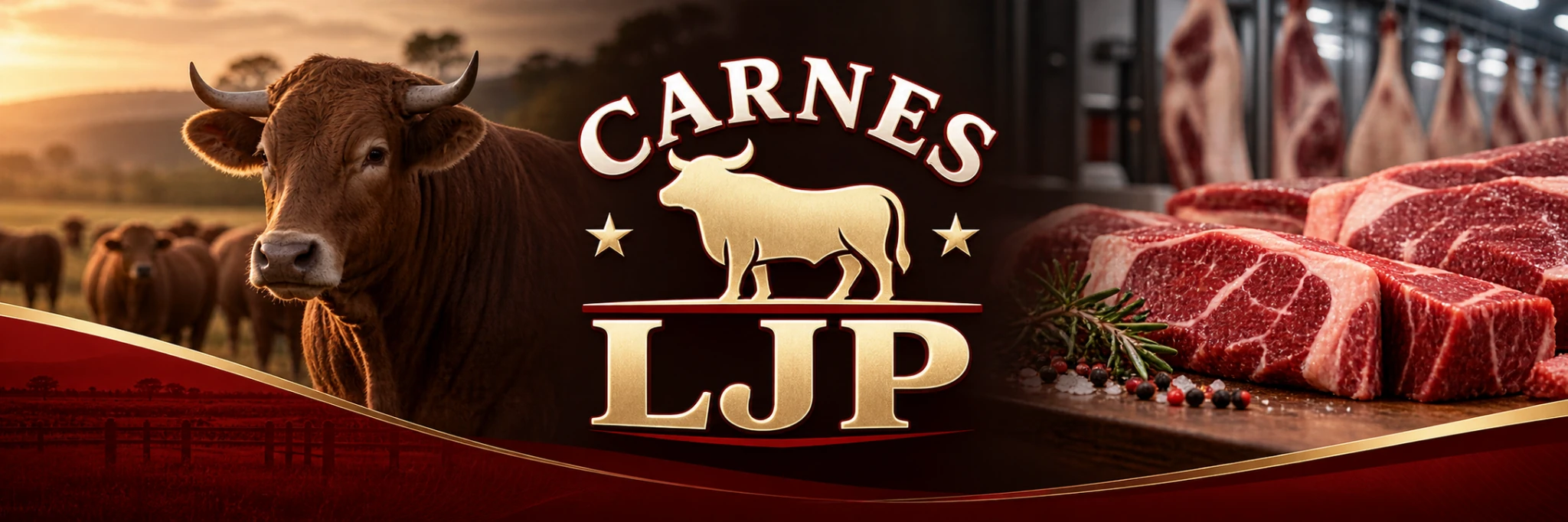 Identidade da Carnes LJP com gado no campo e carnes bovinas